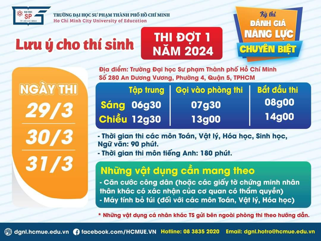 Một số lưu ý cho thí sinh khi tham dự Kỳ thi Đánh giá năng lực chuyên biệt đợt 1.