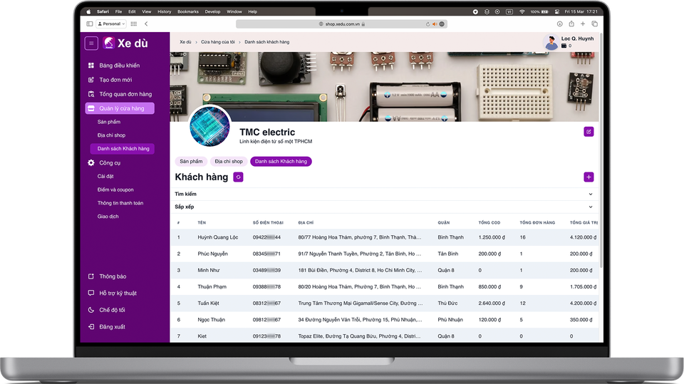 Giao diện web cho admin, giao diện app tài xế và giao diện app người dùng của 'Xe dù', được Huỳnh Quang Lộc cùng các cộng sự xây từ số 0.