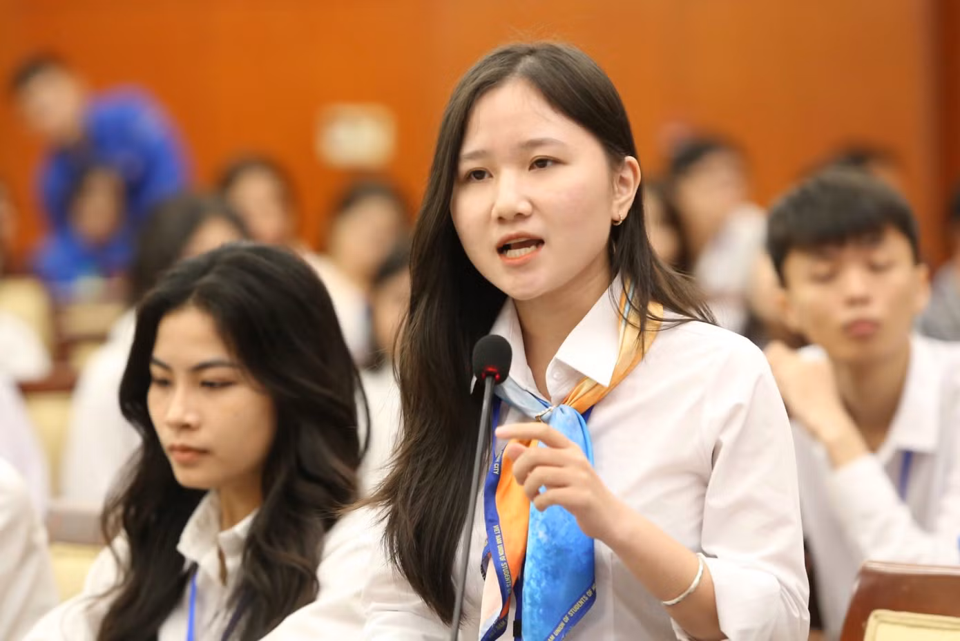 Quỳnh phát biểu tại buổi Gặp mặt sinh viên tiêu biểu tỉnh Hà Tĩnh. (Ảnh: NVCC)