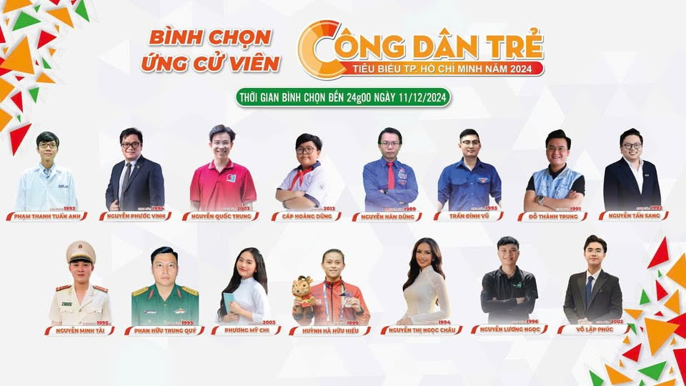 Danh sách 15 ứng cử viên để bầu chọn danh hiệu 'Công dân trẻ tiêu biểu TP. HCM năm 2024'. Dự kiến người dân có thể bình chọn cho các ứng viên tài năng đến 24 giờ ngày 11/12 trên các kênh thông tin của Thành Đoàn TP. HCM. Danh sách 15 ứng cử viên để bầu chọn danh hiệu 'Công dân trẻ tiêu biểu TP. HCM năm 2024'. Dự kiến người dân có thể bình chọn cho các ứng viên tài năng đến 24 giờ ngày 11/12 trên các kênh thông tin của Thành Đoàn TP. HCM.