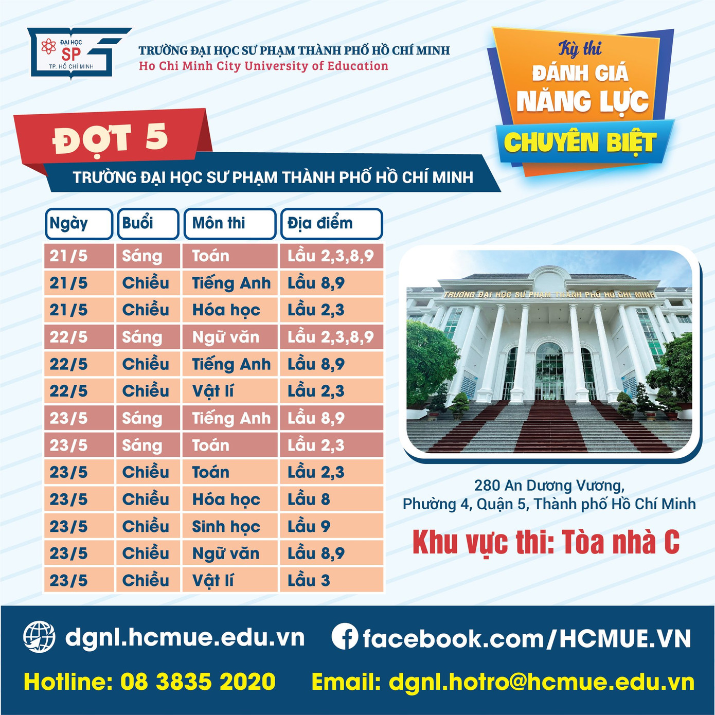 Lịch thi Đánh giá năng lực chuyên biệt đợt 5 do trường ĐH Sư phạm TP. HCM tổ chức.