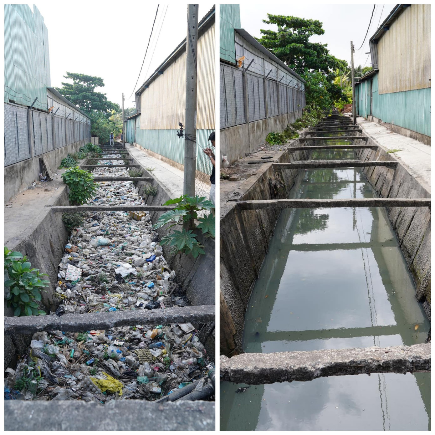 Hình ảnh dòng nước trước và sau khi dọn dẹp được nhóm 'Sài Gòn Xanh' ghi lại, với mục đích lan tỏa ý thức bảo vệ môi trường trên mạng xã hội.