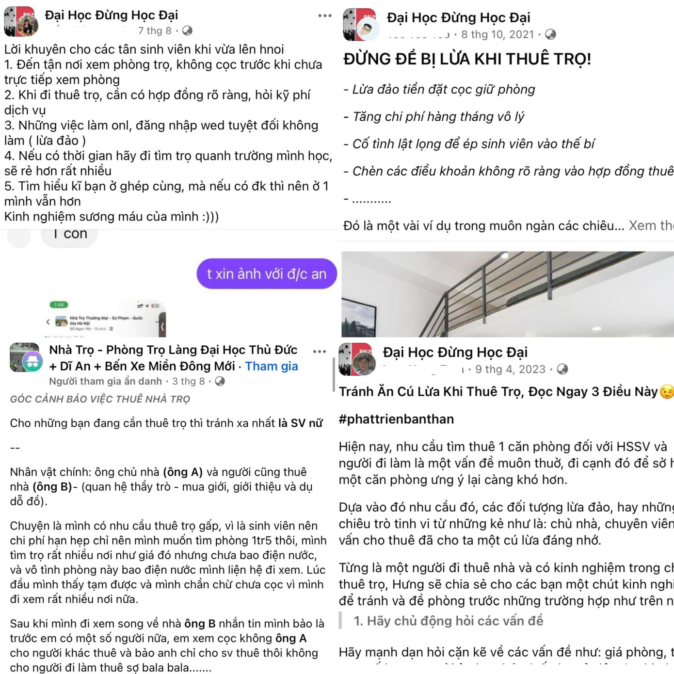 Nhiều bài đăng trên các hội, nhóm cảnh báo cho sinh viên về việc có thể bị lừa đảo khi thuê trọ.