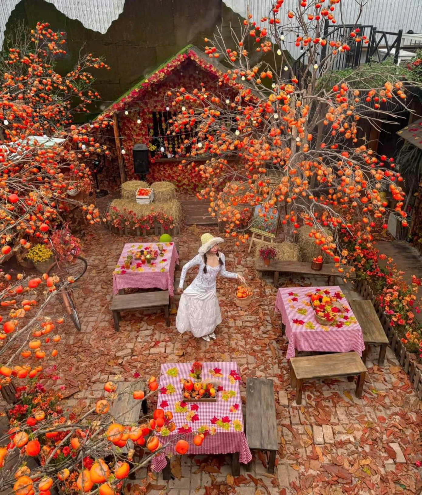 Bạn trẻ thích thú trước khu vườn mùa Thu châu Âu được quán ăn đầu tư trang trí. (Ảnh: Nguyễn Thảo) Bạn trẻ thích thú trước khu vườn mùa Thu châu Âu được quán ăn đầu tư trang trí. (Ảnh: Nguyễn Thảo)