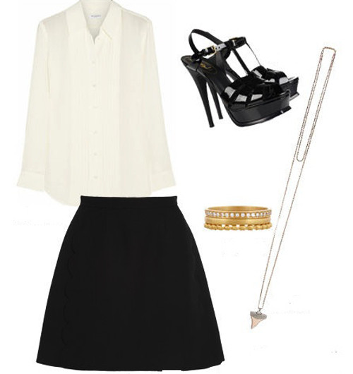 Set đồ hoàn toàn dựa trên các item đơn giản: so mi trắng, chân váy đen, sandal và món phụ kiện xinh xắn