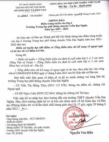 Điểm trúng tuyển vào lớp 6 của Trường THPT Chuyên Trần Đại Nghĩa Điểm trúng tuyển vào lớp 6 của Trường THPT Chuyên Trần Đại Nghĩa