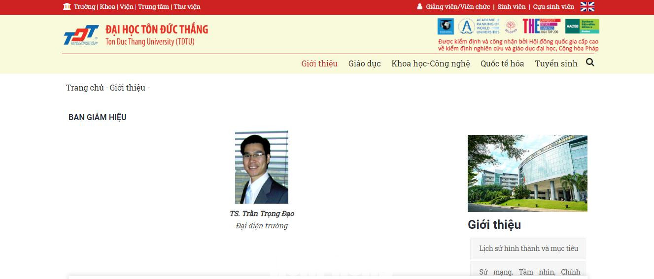 Website của Trường ĐH Tôn Đức Thắng hiện chỉ có 1 người đại diện nhà trường, Ban giám hiệu không có hiệu trưởng, hiệu phó Website của Trường ĐH Tôn Đức Thắng hiện chỉ có 1 người đại diện nhà trường, Ban giám hiệu không có hiệu trưởng, hiệu phó