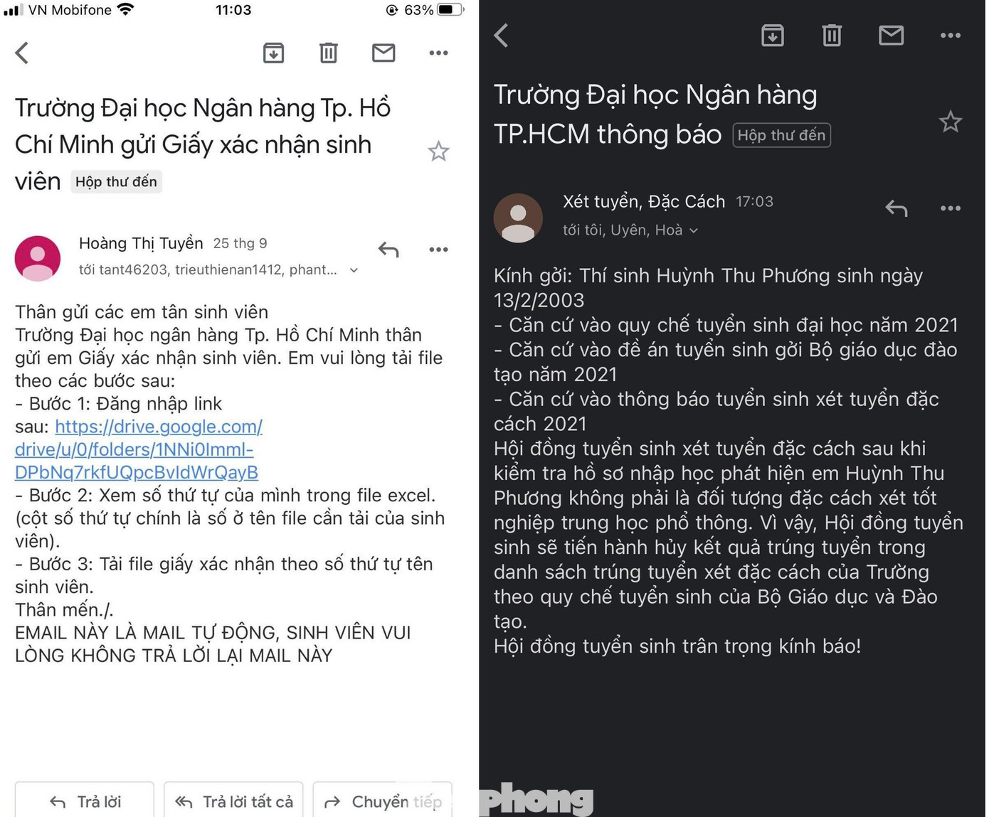 Các email liên quan đến tuyển sinh của thí sinh Huỳnh Thu Phương Các email liên quan đến tuyển sinh của thí sinh Huỳnh Thu Phương
