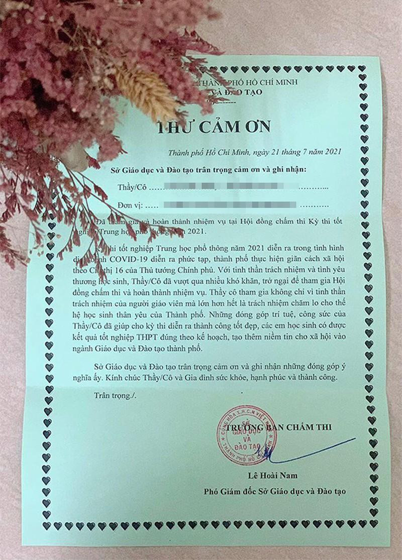 Thư cảm ơn giáo viên chấm thi của Sở GD&amp;ĐT TPHCM. (ảnh P.A)