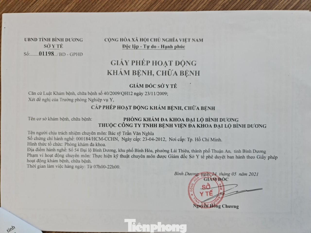 Phòng khám Đa khoa Đại lộ Bình Dương chính thức được cấp phép từ ngày 24/5 nhưng trước đó, Phòng khám này đã khám, chữa bệnh là sai quy định