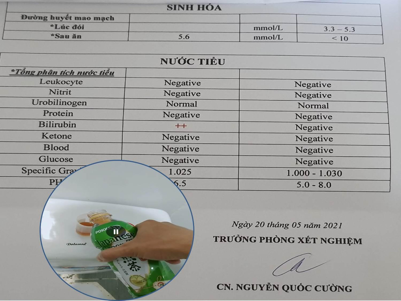 PV lấy nước chai trà xanh để nhân viên y tế nơi đây làm xét nghiệm và vẫn ra kết quả