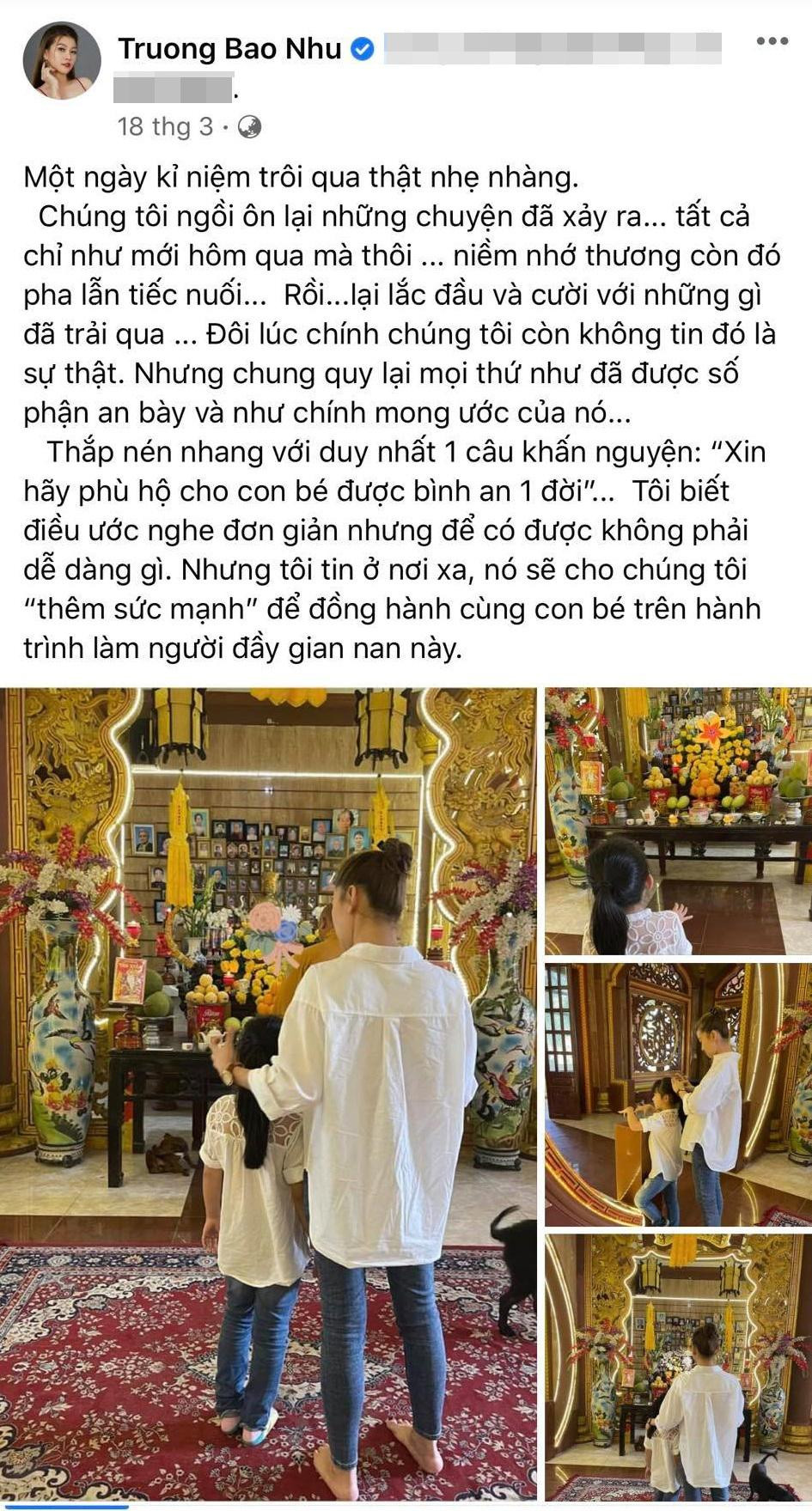 Trương Bảo Như dẫn bé Lavie vào chùa thắp hương cho Mai Phương trước ngày giỗ.