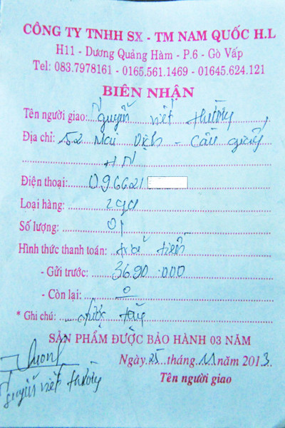 Hóa đơn biên nhận cho bộ nồi, bếp của anh Cương