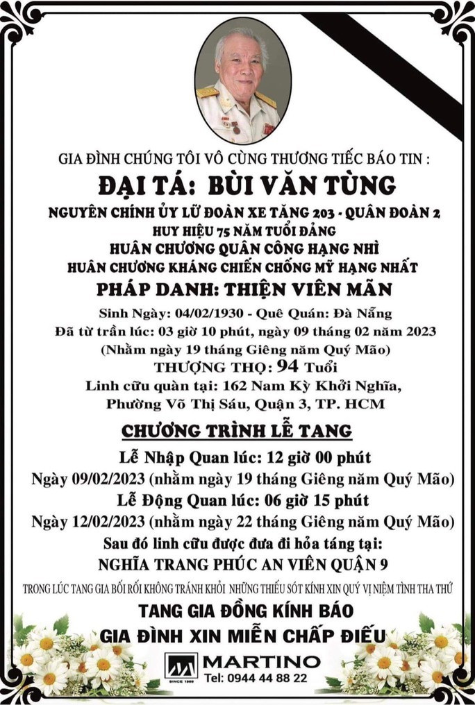 Cáo phó Đại tá Bùi Văn Tùng, nguyên Chính ủy Lữ đoàn xe tăng 203 (Quân đoàn 2). Cáo phó Đại tá Bùi Văn Tùng, nguyên Chính ủy Lữ đoàn xe tăng 203 (Quân đoàn 2).