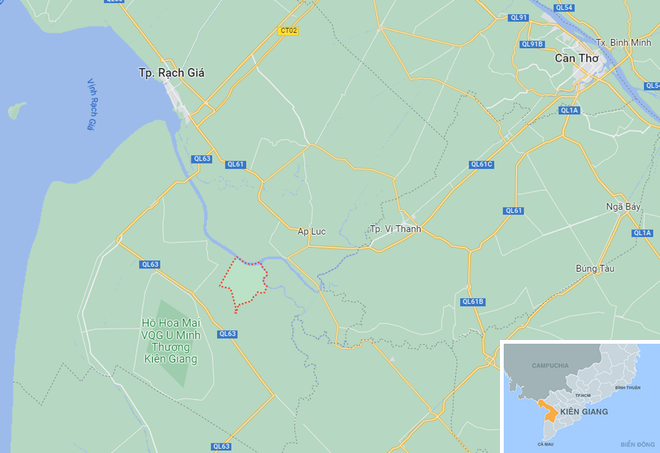 Xã Hòa Chánh (khoanh đỏ) thuộc huyện U Minh Thượng, Kiên Giang. Ảnh: Google Maps. Xã Hòa Chánh (khoanh đỏ) thuộc huyện U Minh Thượng, Kiên Giang. Ảnh: Google Maps.