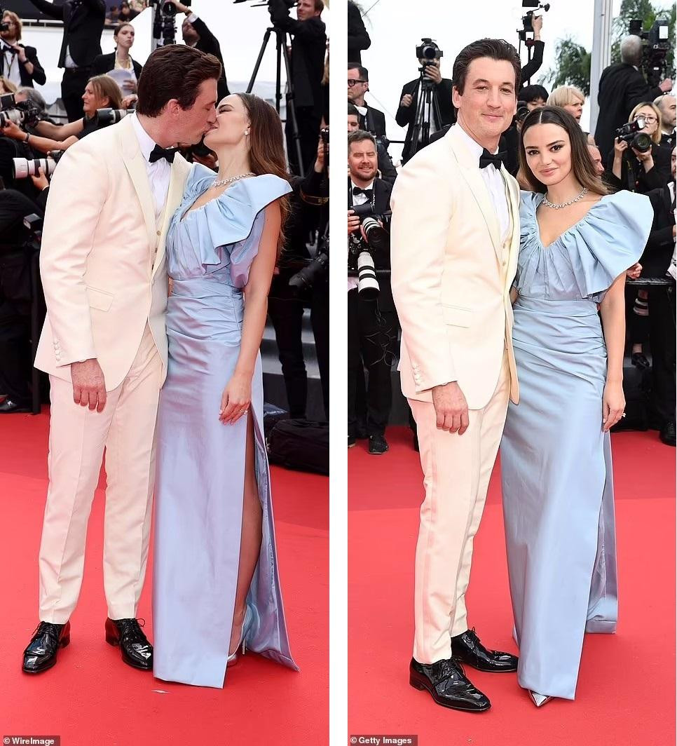 Ngoài Tom và Jennifer, Miles Teller là ngôi sao khác của &quot;Top Gun 2&quot; nhận được sự chú ý. Anh mặc Âu phục màu be bảnh bao &quot;khóa môi&quot; bà xã Keleigh Sperry nồng nàn trên thảm đỏ.