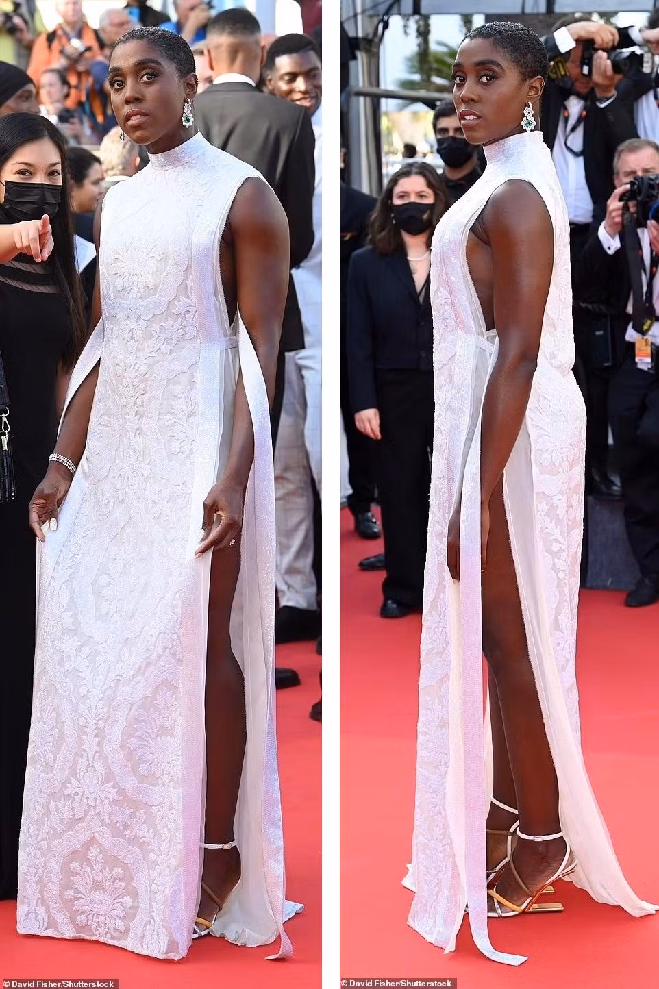 Nữ diễn viên "Caption Marvel" Lashana Lynch tưởng kín mà hở với đầm trắng xẻ tà hai bên.