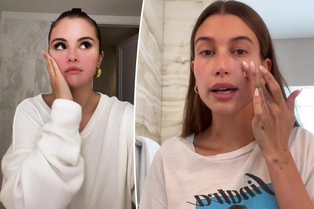 Selena Gomez và Hailey Bieber đăng video làm đẹp cùng một ngày.