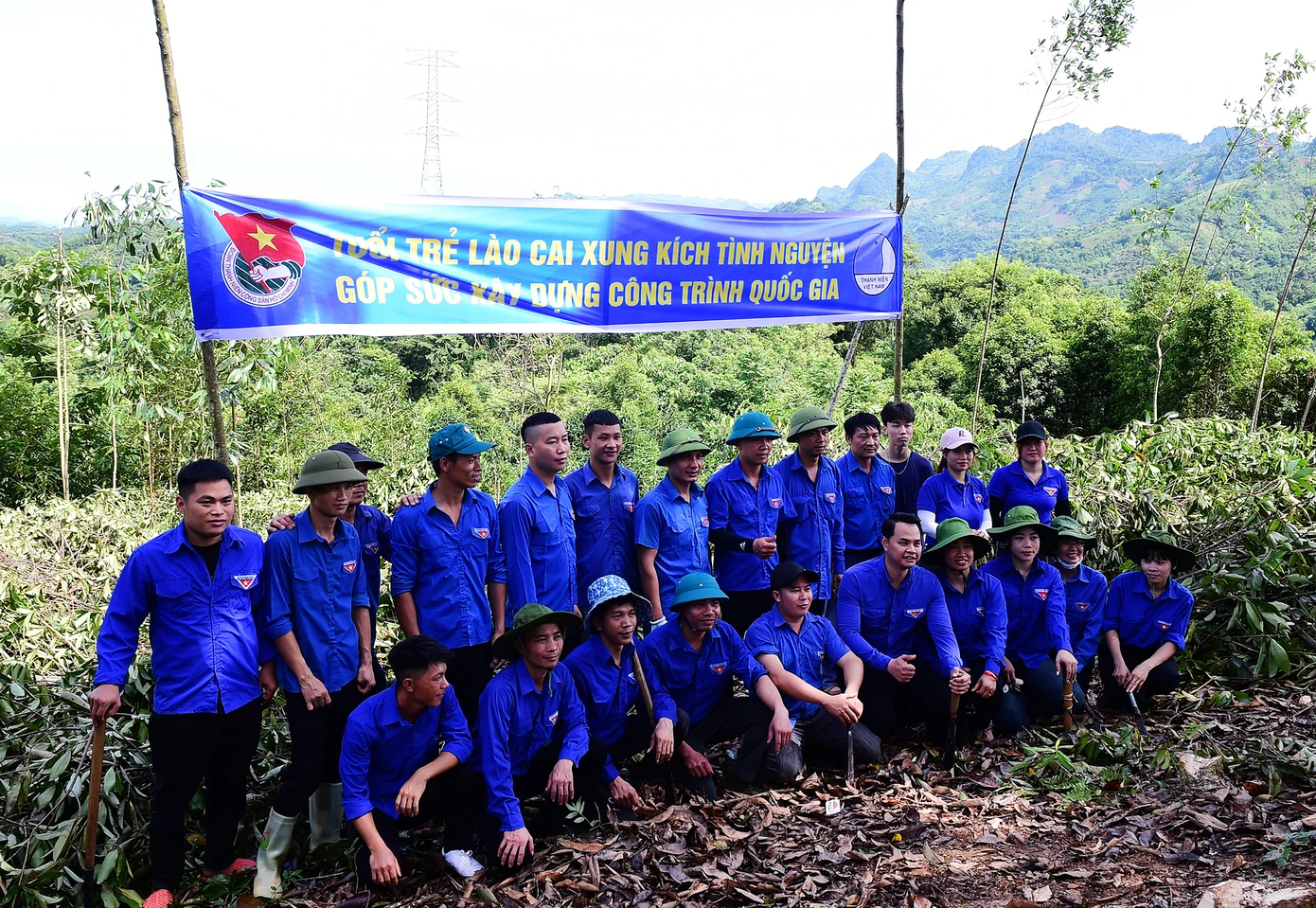 Đoàn viên thanh niên hỗ trợ hộ dân thu hoạch diện tích rừng quế, giải phóng mặt bằng phục vụ công trình điện. Ảnh: Xuân Tùng