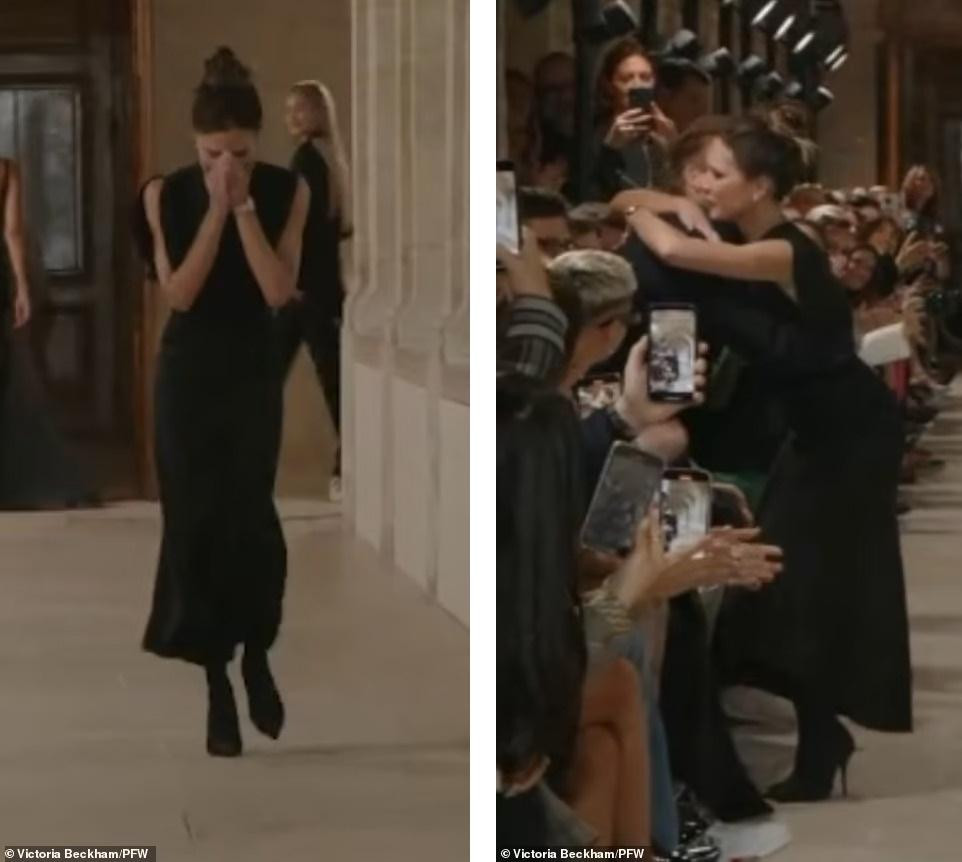 Cô cũng vòng tay ôm chầm ông xã đang ngồi cổ vũ tại hàng ghế khách mời. Ảnh: PFW.