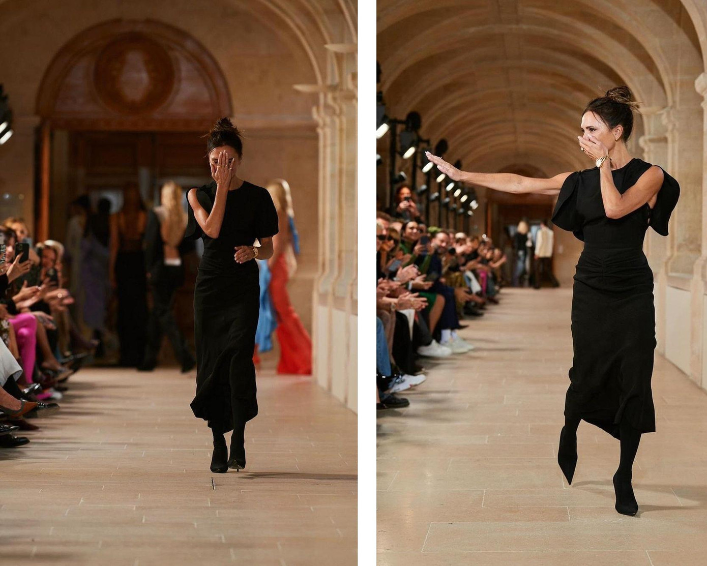 Kết thúc show diễn, Victoria xuất hiện trong chiếc váy midi đen sang trọng từ bộ sưu tập kết hợp với tất và giày cao gót đồng màu. Bà Beck không kìm nén được cảm xúc, ôm mặt khóc vì xúc động và hạnh phúc trong lúc chào khán giả. Ảnh: Instagram.