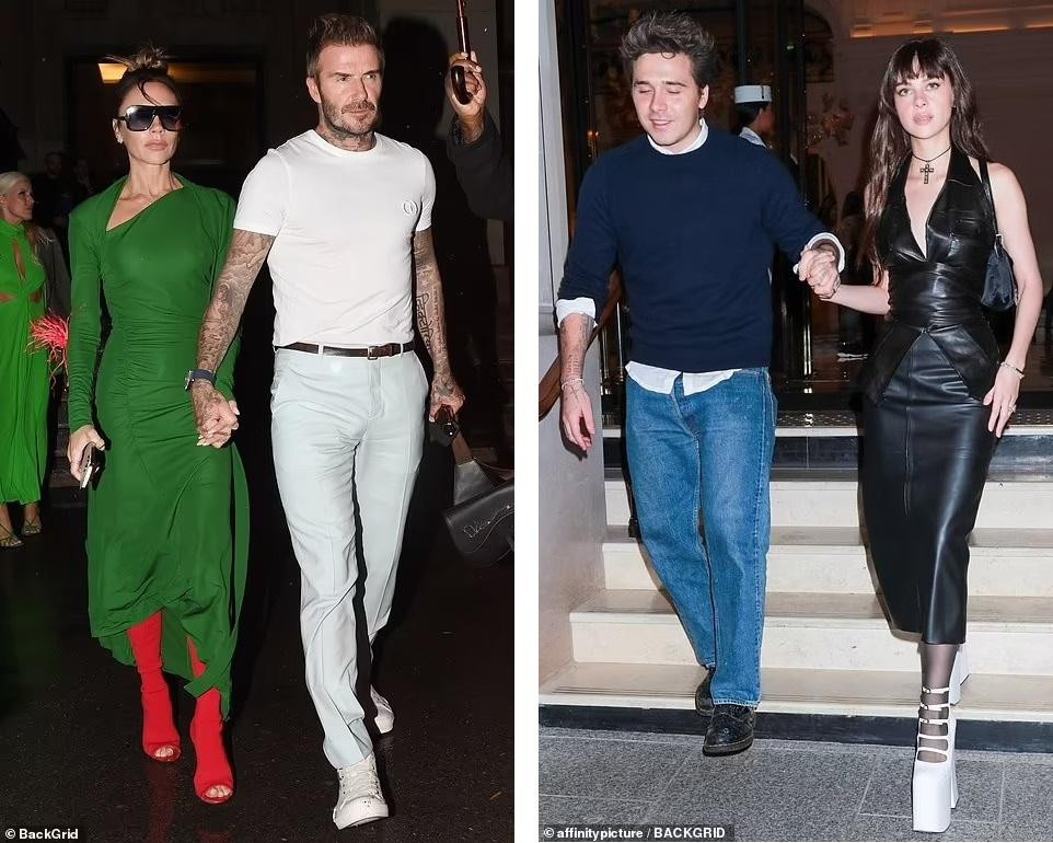 Tối cùng ngày, Victoria tổ chức tiệc kỷ niệm show diễn đầu tiên tại Tuần lễ Thời trang Paris. Bà mẹ 4 con nổi bật với chiếc đầm bó sát màu xanh lá cây nằm trong bộ sưu tập Xuân/Hè 2023 của thương hiệu. Nicola ấn tượng không kém trong chiếc váy da đen và đôi giày cao gót trắng "khủng".