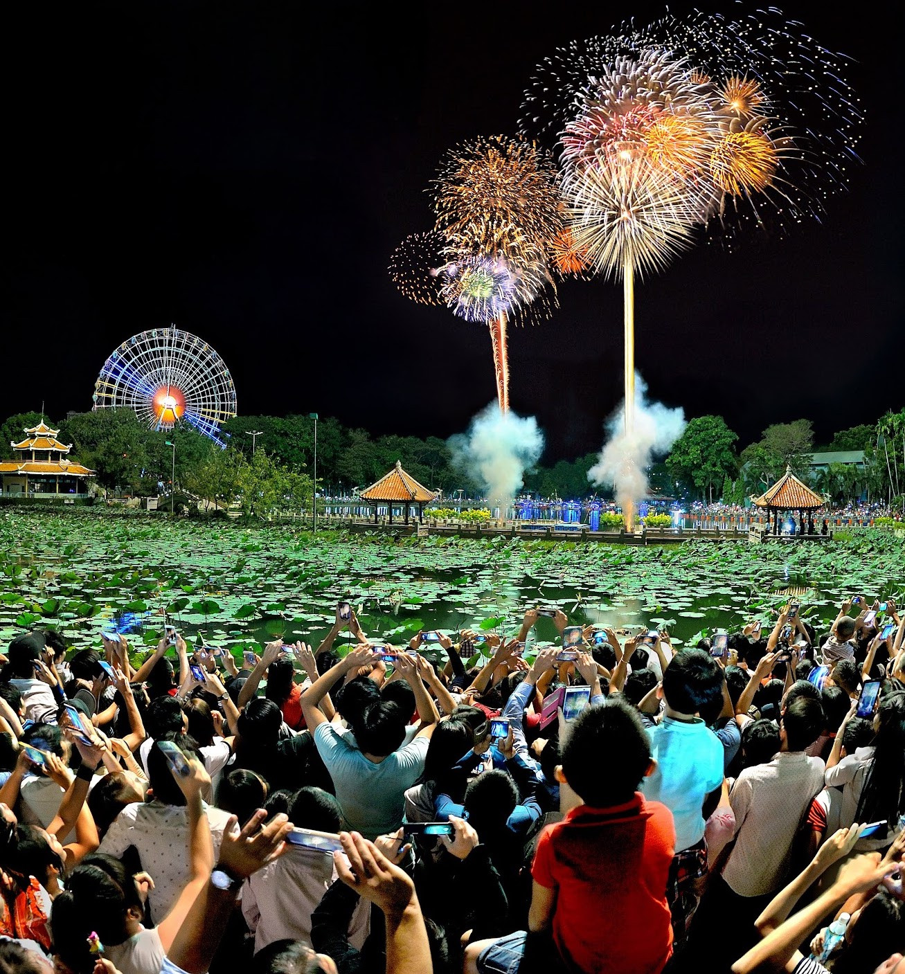 Người dân xem bắn pháo hoa tại Công viên văn hoá Đầm Sen