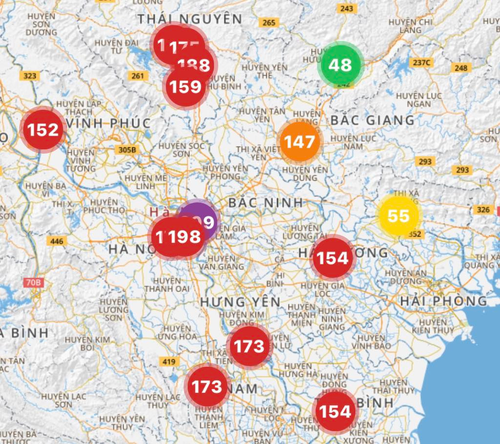 Bản đồ chất lượng không khí ở các tỉnh phía Bắc của Việt Nam ghi nhận lúc 11h trưa 17/12. Nguồn: Cục Kiểm soát ô nhiễm môi trường.
