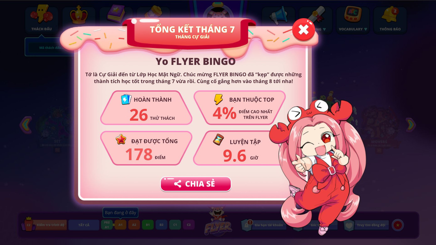 Nhân vật Lớp học Mật ngữ xuất hiện trên Phòng thi ảo FLYER.