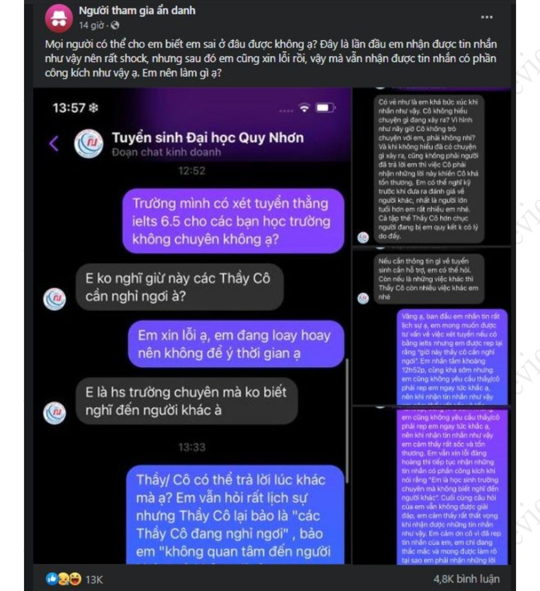 Đi kèm bài đăng là 4 ảnh chụp màn hình nội dung trò chuyện của học sinh với trang Tuyển sinh Đại học Quy Nhơn.