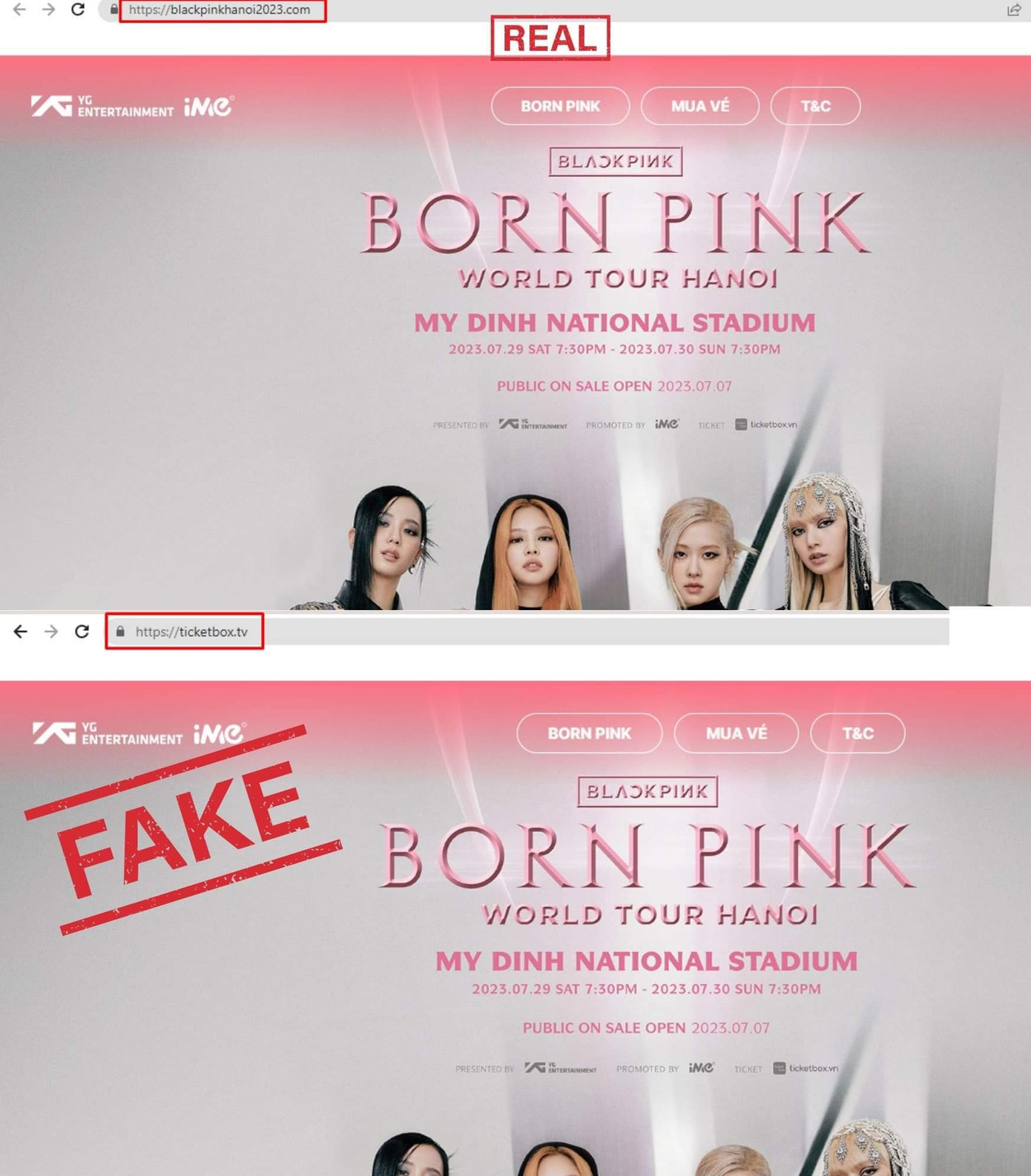 Website thật (trên) - website giả (dưới)