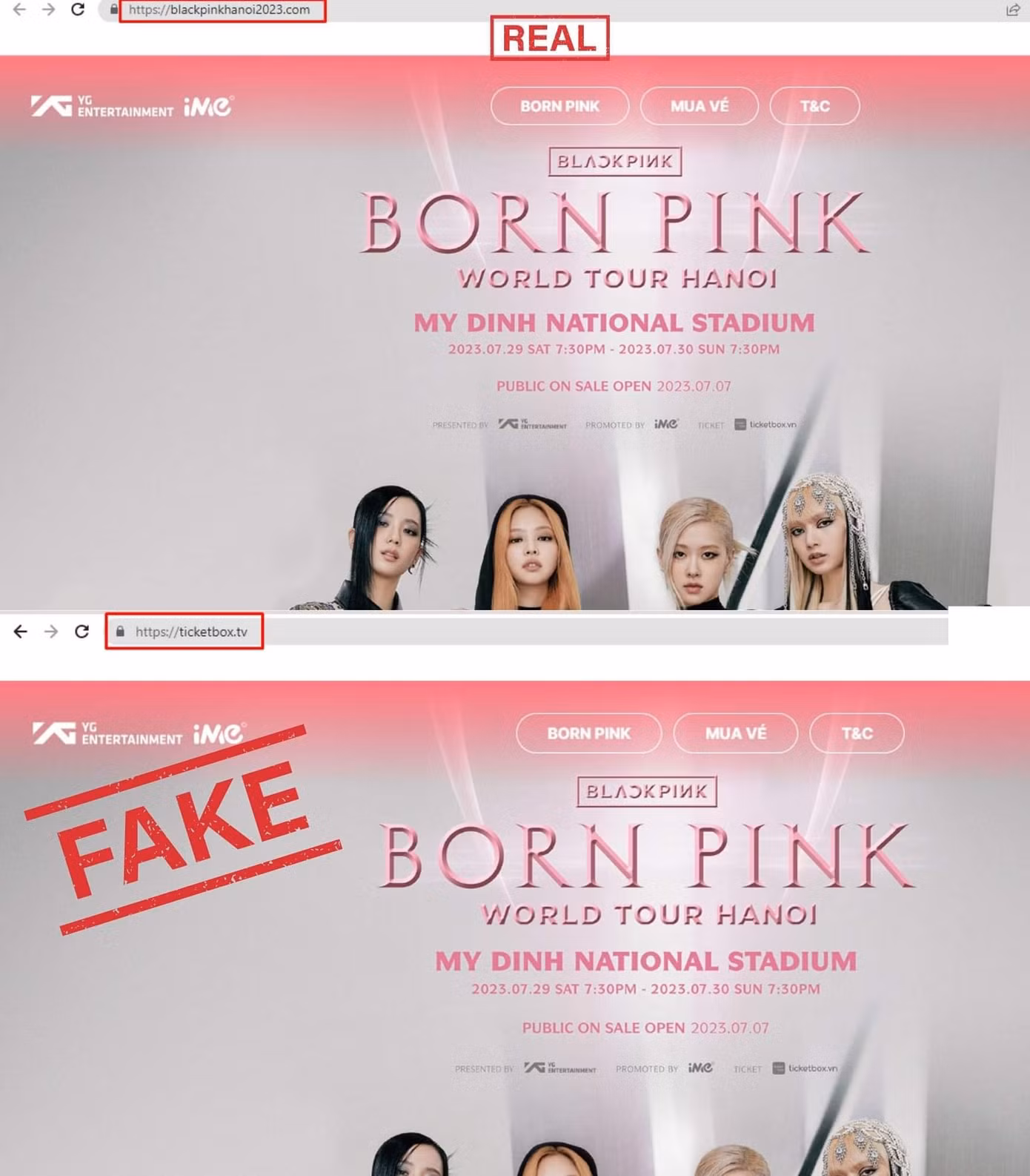 Website thật (trên) - website giả (dưới)