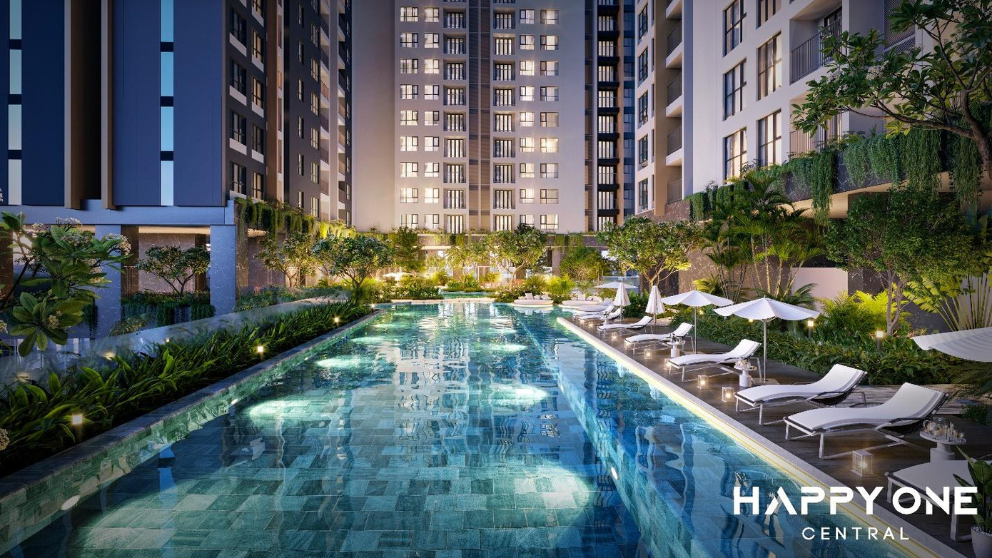 Góc nhìn từ hồ bơi vô cực vào nội khu tầng 3 của dự án HAPPY ONE - Central Góc nhìn từ hồ bơi vô cực vào nội khu tầng 3 của dự án HAPPY ONE - Central