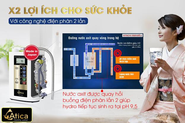 Công nghệ điện phân 2 lần(khoanh đỏ)của máy lọc nước ion kiềm giàu hydro Atica