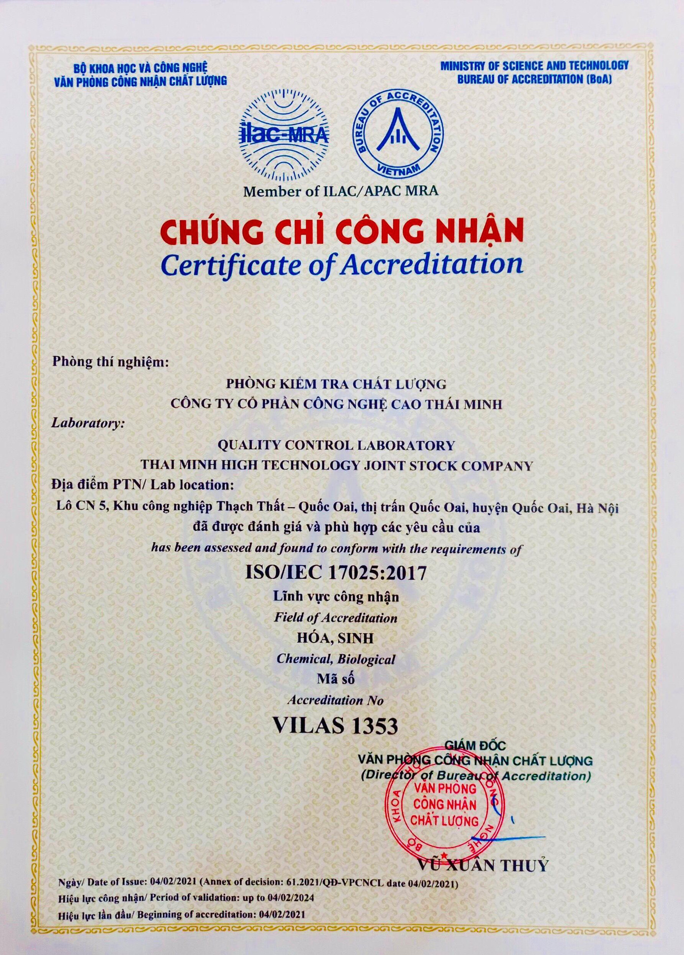 Chứng chỉ công nhận chất lượng quốc tế ISO 17025 của nhà máy Thái Minh Hitech – Nơi sản xuất Vương Niệu Đan Chứng chỉ công nhận chất lượng quốc tế ISO 17025 của nhà máy Thái Minh Hitech – Nơi sản xuất Vương Niệu Đan