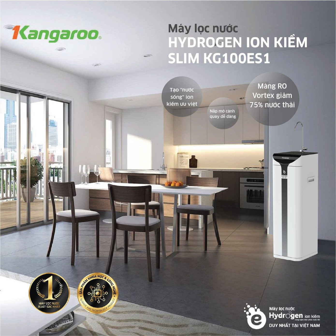 Máy lọc nước Kangaroo Hydrogen ion kiềm Kg100ES1 nhỏ gọn hơn đến 50% so với máy truyền thống