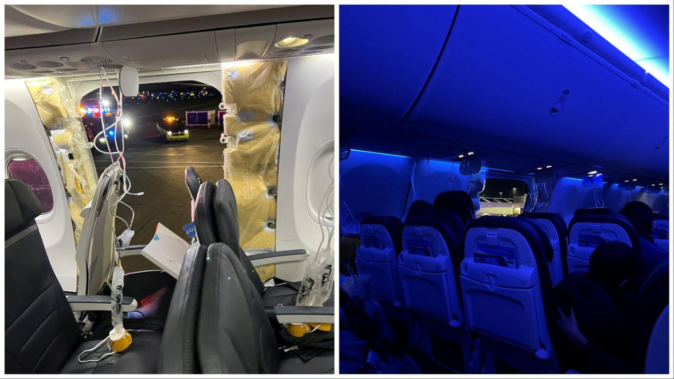 Cảnh tượng khoang cabin máy bay Boeing 737 Max-9 của Alaska Airlines hạ cánh khẩn cấp. Cảnh tượng khoang cabin máy bay Boeing 737 Max-9 của Alaska Airlines hạ cánh khẩn cấp.