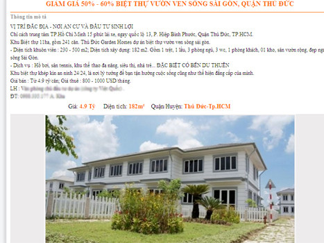 Một tin rao bán biệt thự quận Thủ Đức giảm 50-60% trên website địa ốc còn thời hạn đăng tải đến hết ngày 13-1. Ảnh chụp màn hình ngày 3-1