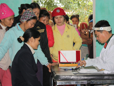 Bác sĩ Trạm y tế Nông - Lâm trường 196 (Đoàn KT - QP 338 - Quân khu 1) khám, chữa bệnh cho bà con dân bản