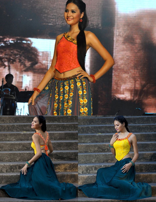 Hoa hậu Hương Giang sở hữu gương mặt đậm chất Á Đông nên trông vô cùng dịu dàng và quyến rũ khi diện những chiếc áo yếm rực rỡ