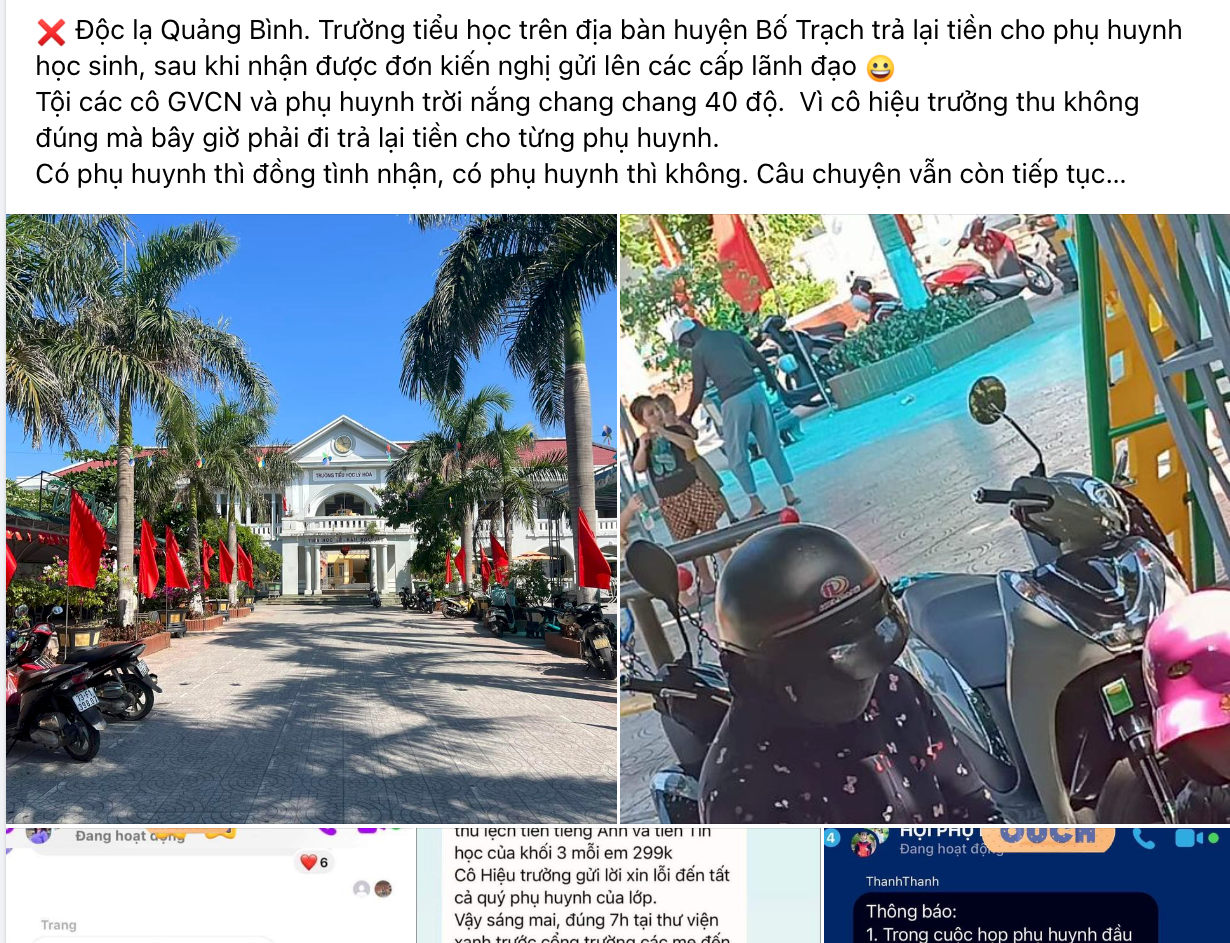 Một trang MXH ở Quảng Bình đã đưa thông tin về việc nhà trường trả tiền thu cao hơn so với thực tế cho phụ huynh học sinh. Một trang MXH ở Quảng Bình đã đưa thông tin về việc nhà trường trả tiền thu cao hơn so với thực tế cho phụ huynh học sinh.