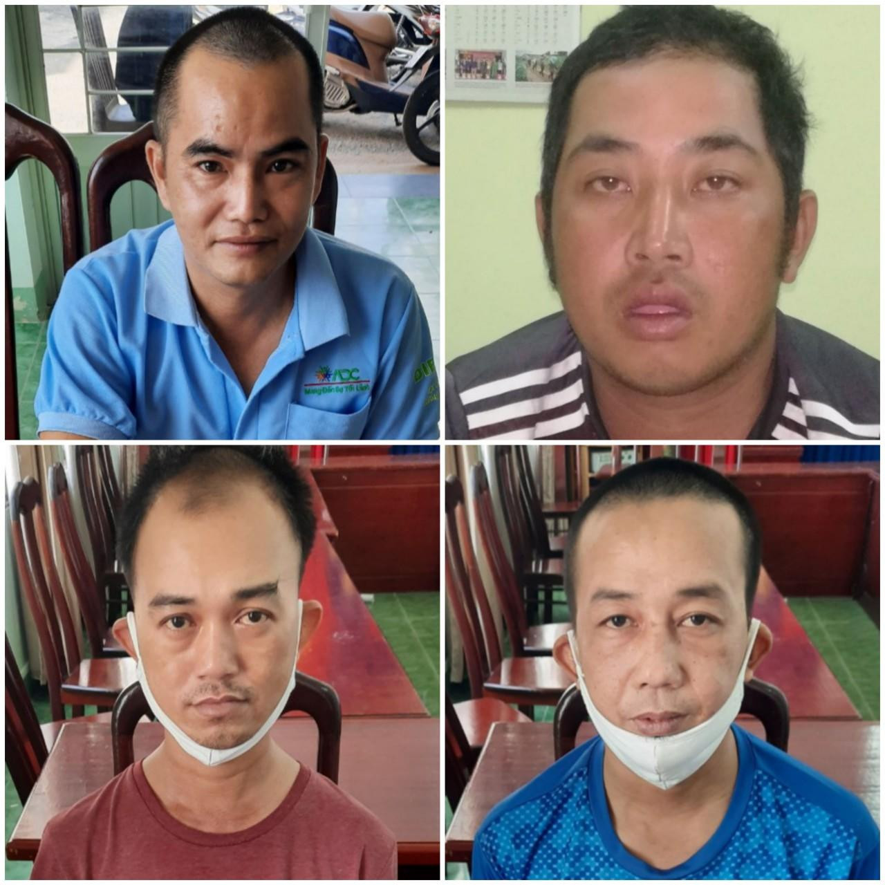 Các bị can Linh (áo xanh), Minh (áo đen), Lê (áo nâu) và Sang. Các bị can Linh (áo xanh), Minh (áo đen), Lê (áo nâu) và Sang.