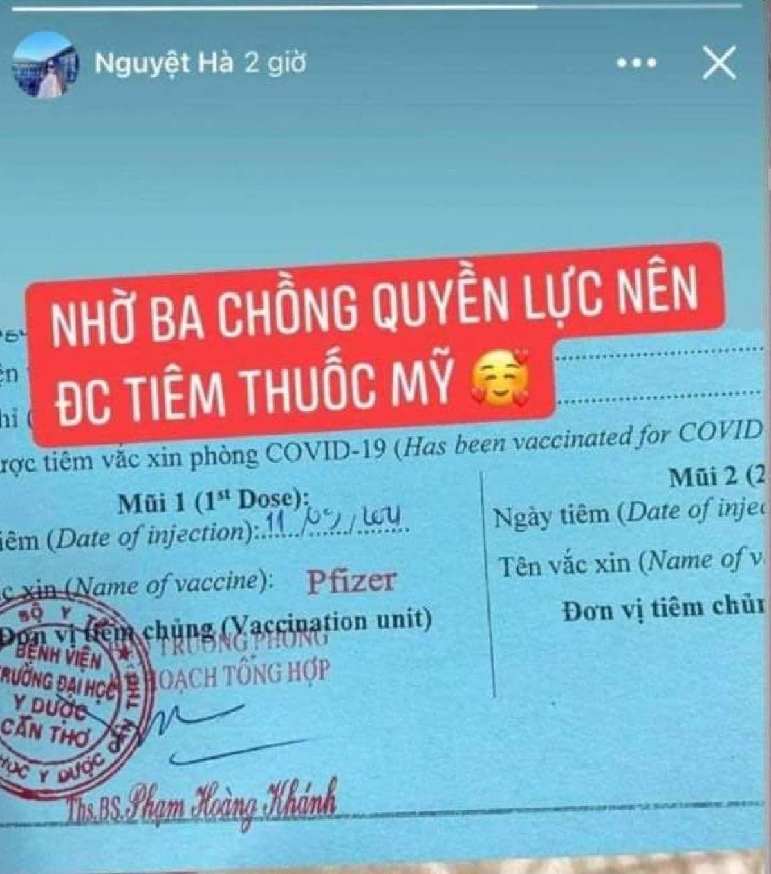 Hình chụp giấy chứng nhận tiêm vắc xin mà H. đăng trên mạng xã hội.