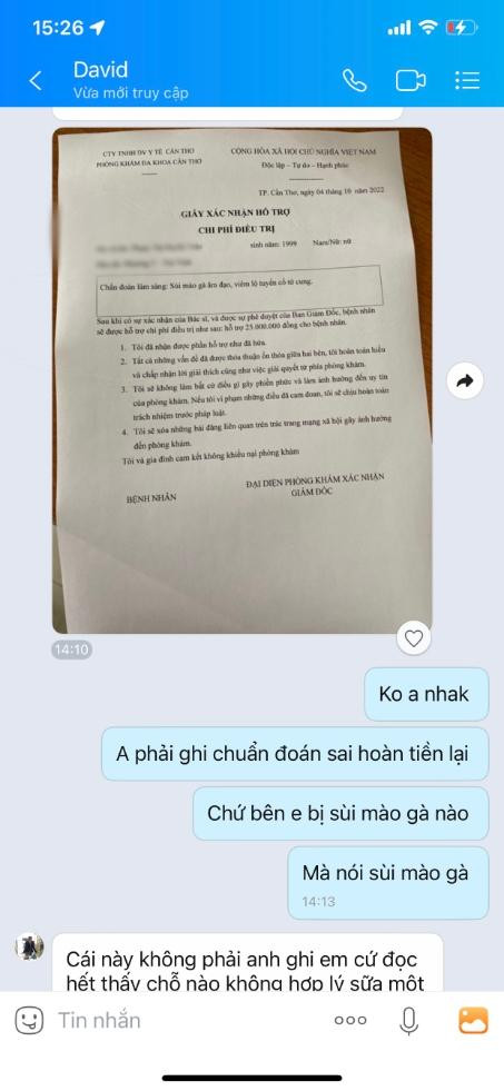 Tin nhắn thoả thuận được cho là của Phòng khám Đa khoa TP Cần Thơ - Ảnh nạn nhân cung cấp.