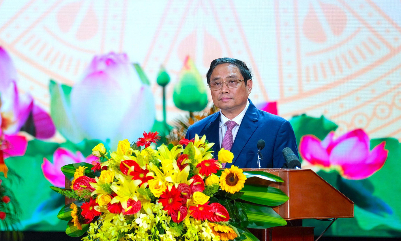 Thủ tướng Phạm Minh Chính trình bày diễn văn kỷ niệm 100 năm Ngày sinh Thủ tướng Võ Văn Kiệt. Ảnh: Kim Hà.