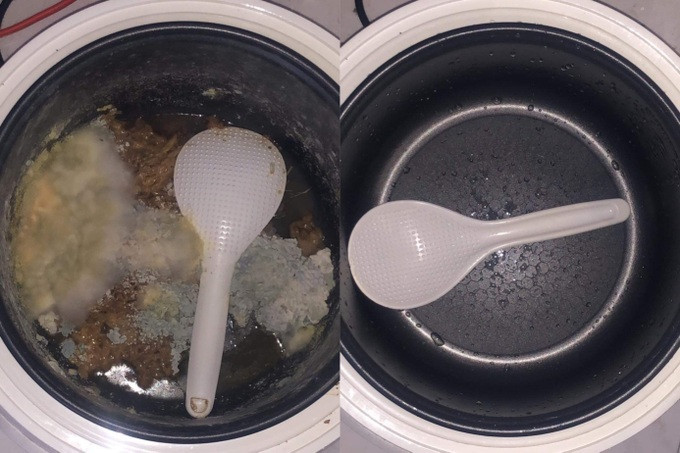 Hình ảnh trước và sau khi Thủy vệ sinh chiếc nồi cơm thừa để lâu ngày của bạn cùng phòng. Ảnh: NVCC Hình ảnh trước và sau khi Thủy vệ sinh chiếc nồi cơm thừa để lâu ngày của bạn cùng phòng. Ảnh: NVCC