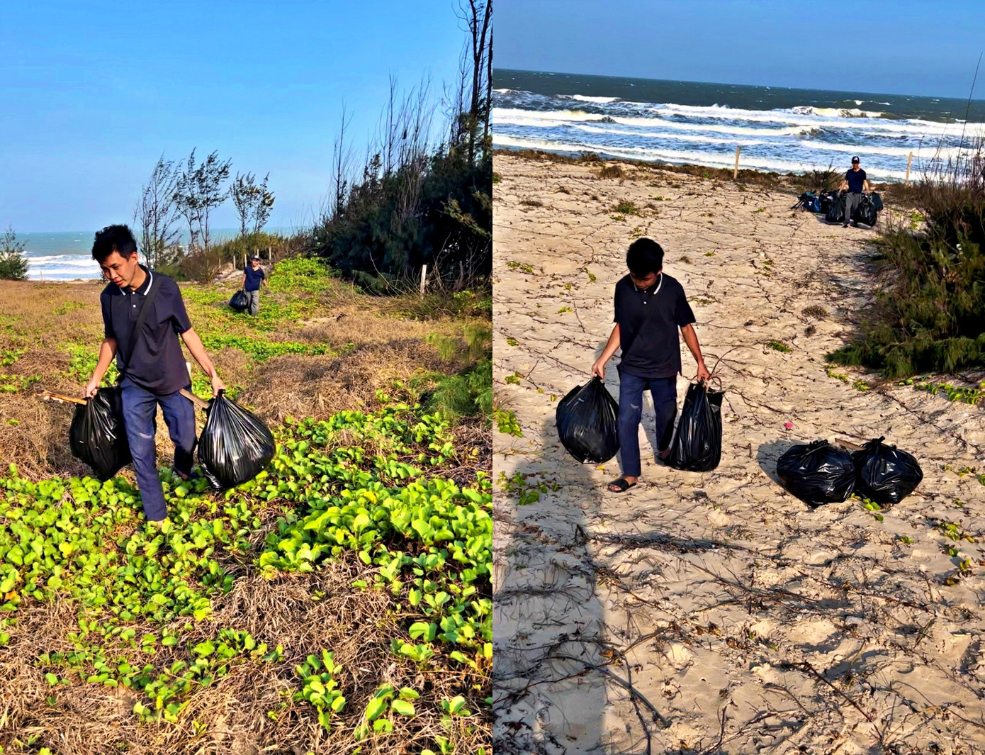 Rác sau khi thu gom được nhóm bạn trẻ đem ra tập kết tại thùng rác công cộng.