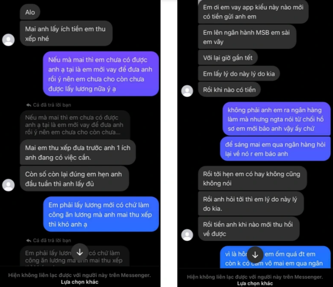 Những tin nhắn đối tượng lừa đảo đòi tiền và dọa nạt nạn nhân (Ảnh nạn nhân cung cấp). Những tin nhắn đối tượng lừa đảo đòi tiền và dọa nạt nạn nhân (Ảnh nạn nhân cung cấp).