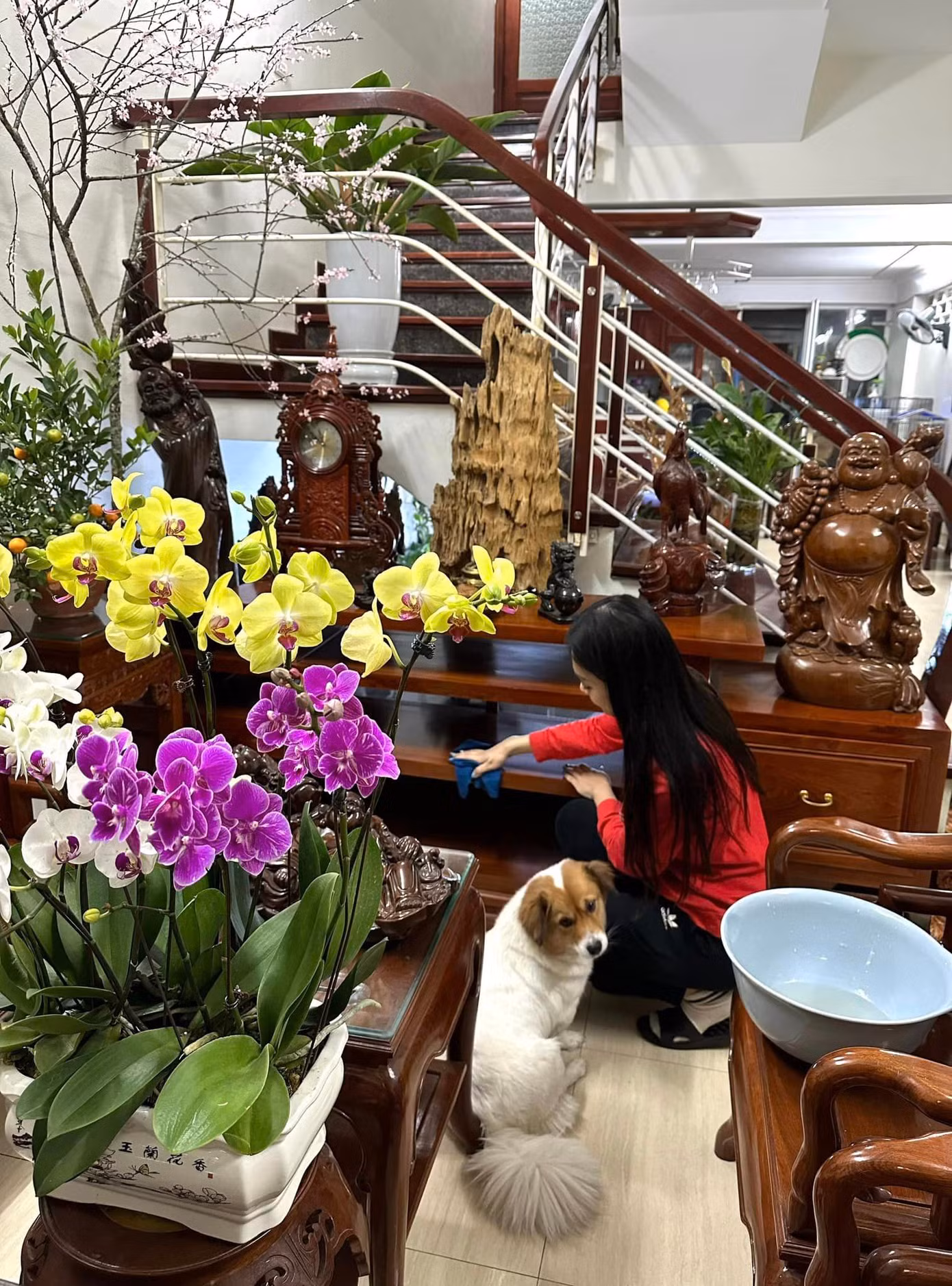 Á hậu Trịnh Thùy Linh thu xếp thời gian về nhà sớm trong dịp Tết. Cô dọn dẹp, chăm chút từng góc nhỏ trong căn nhà. Linh là con một trong gia đình nhưng luôn chủ động giúp đỡ bố mẹ làm việc nhà.