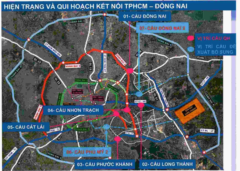 Bản đồ hiện trạng và quy hoạch cầu kết nối giữa TP.HCM với Đồng Nai. Trong đó, TP.HCM có đề xuất bổ sung thêm vào quy hoạch cầu Phú Mỹ 2 và Đồng Nai 2. Ảnh: Sở GTVT TP.HCM